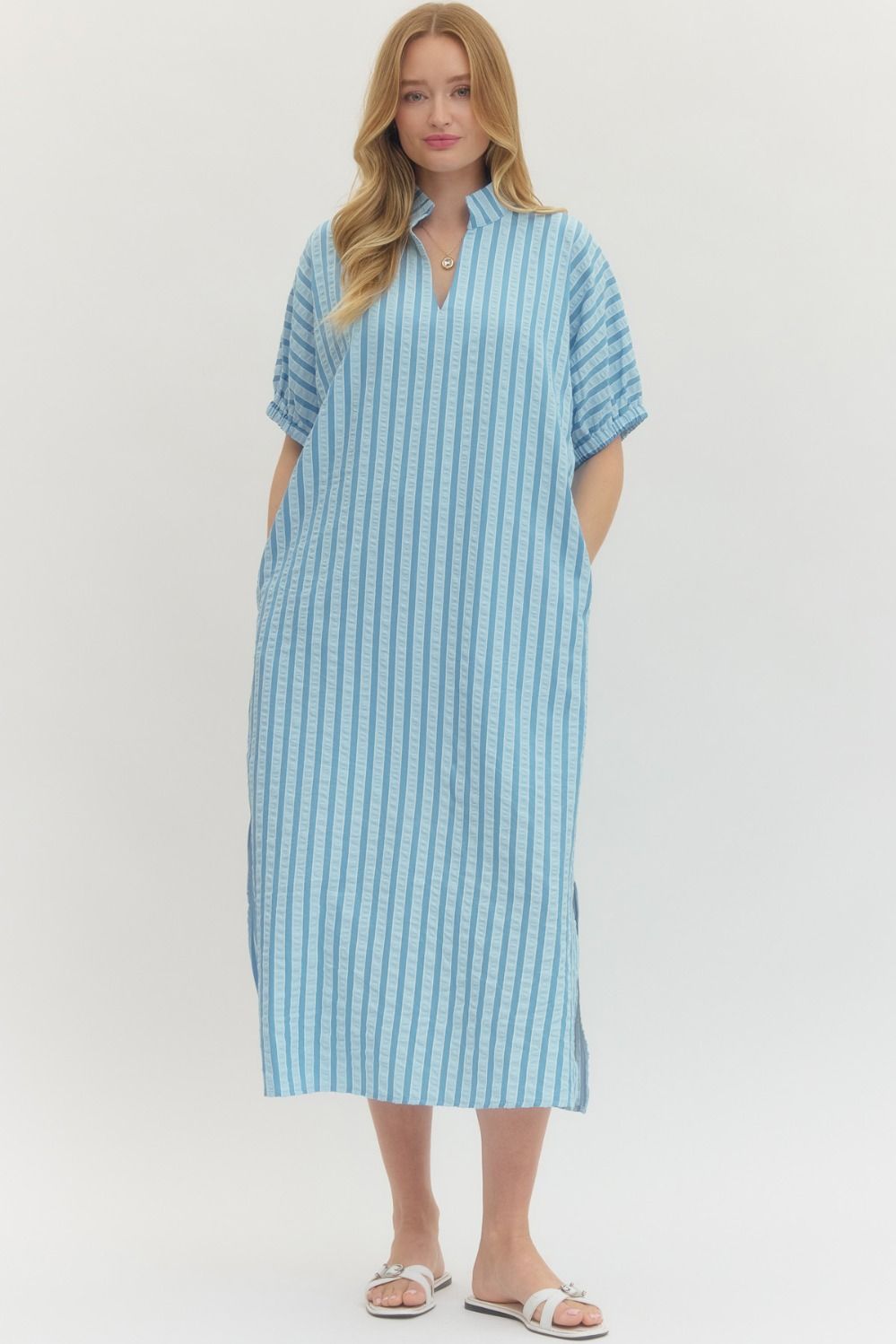 Women's plus size blue striped midi dress with pockets