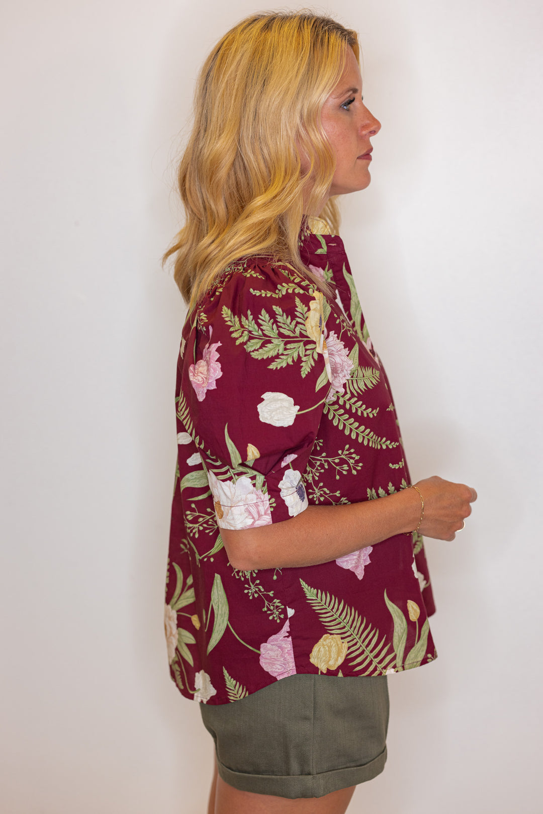 Women's burgundy multicolor floral print button front top by Entro showing side view