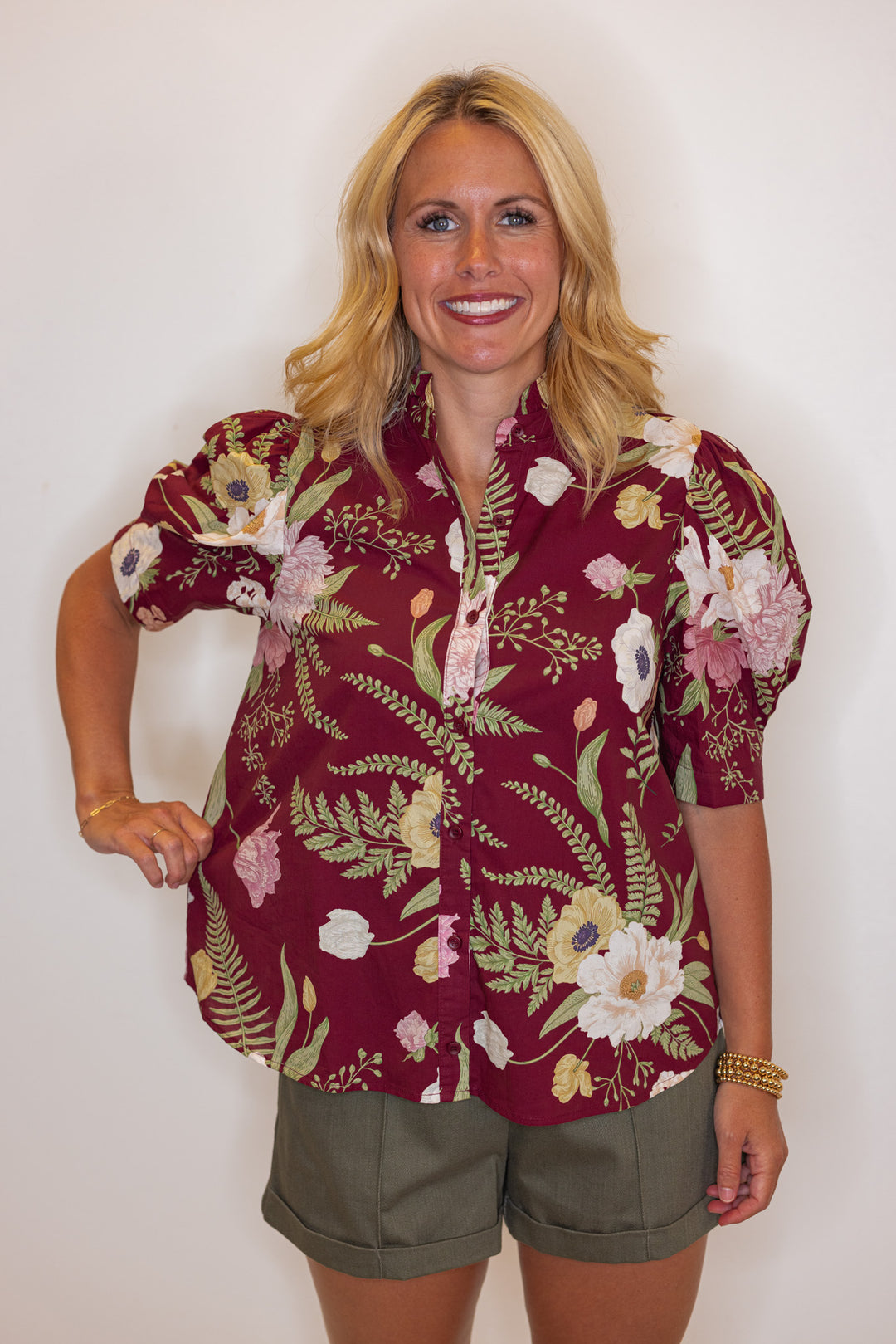 Women's burgundy multicolor floral print button front top by Entro showing relaxed silhouette 