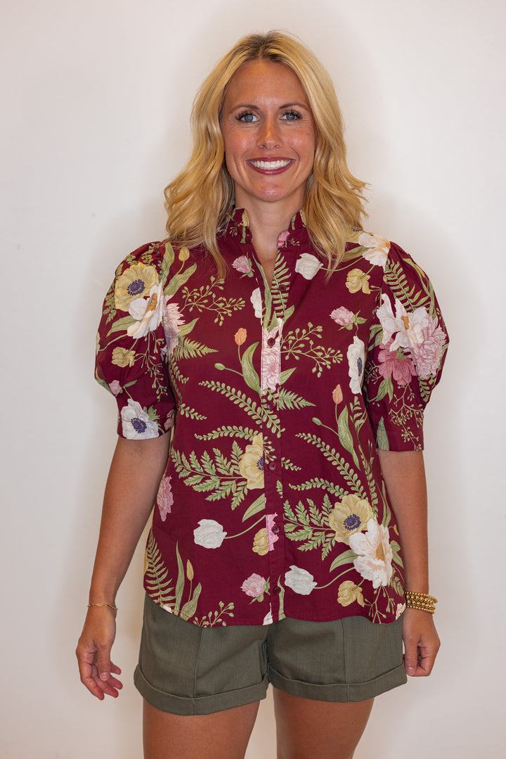 Women's burgundy multicolor floral print button front top by Entro