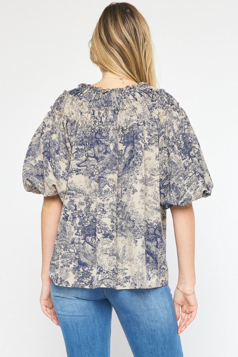 antique abstract navy puff sleeve blouse