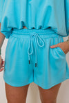 turquoise blue scuba drawstring shorts