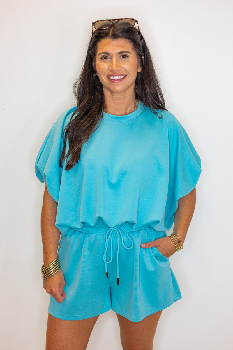 turquoise blue scuba drawstring shorts