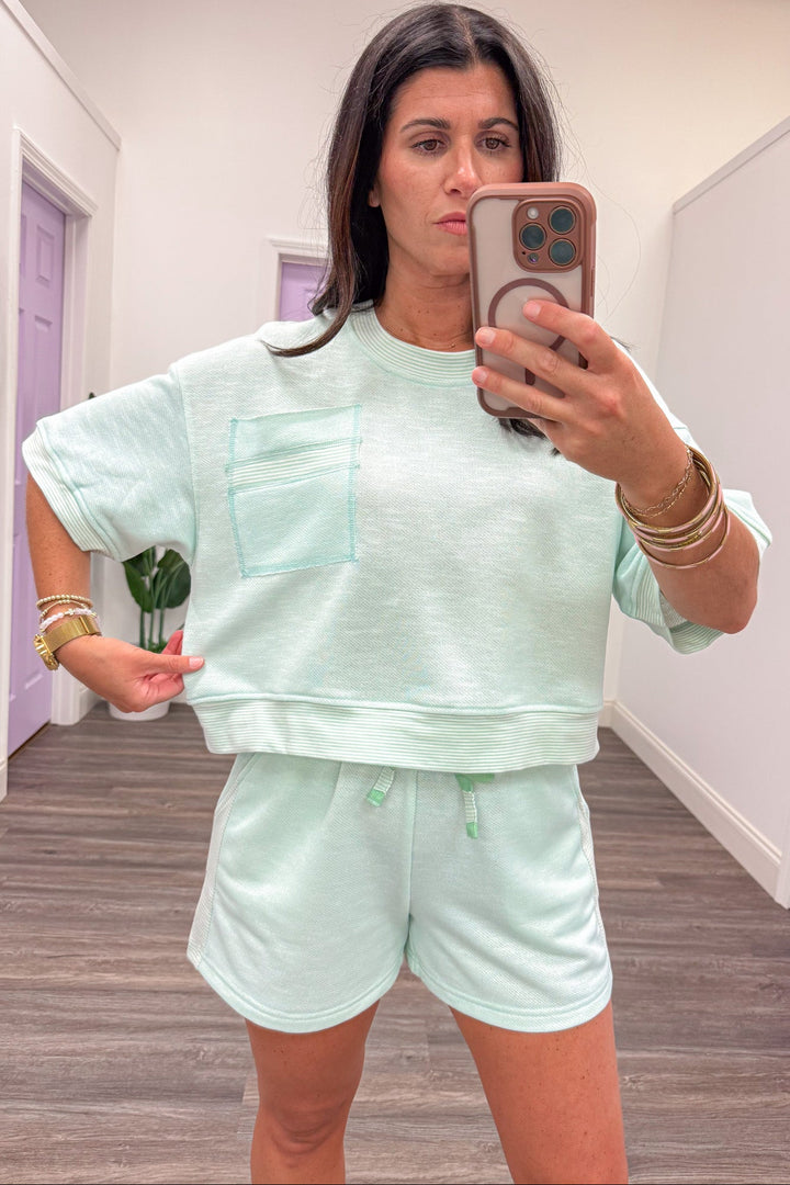 aqua with striped mint trim short sleeve relaxed fit terry knit top