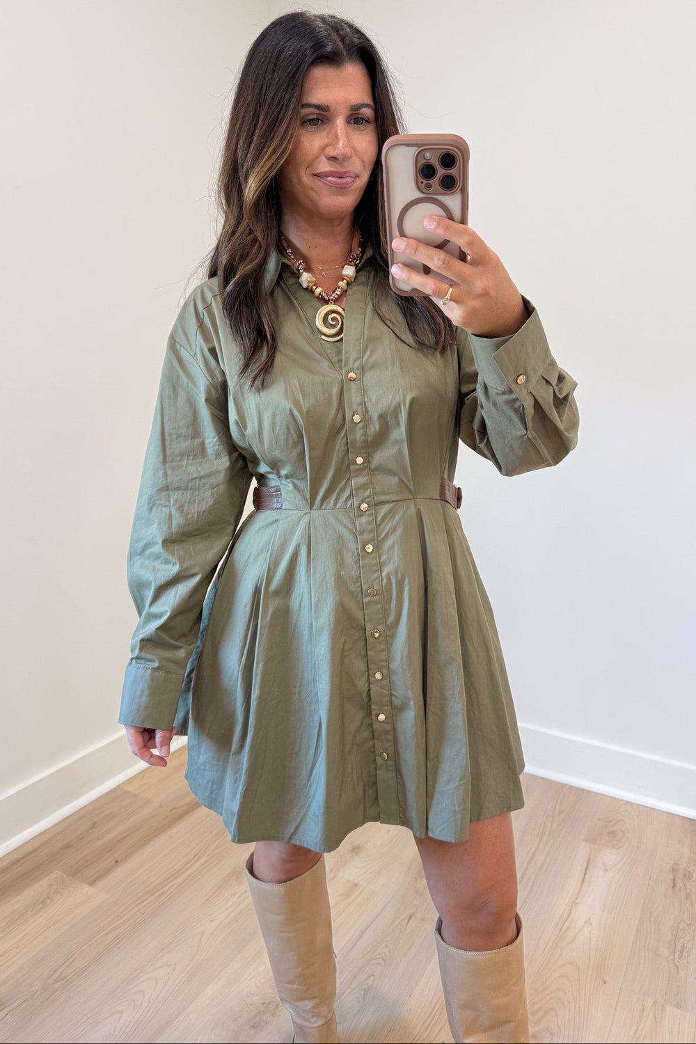 solid army green belted cinch waist long sleeve button front pleated short dress