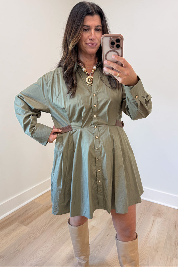 solid army green belted cinch waist long sleeve button front flowy fit short dress