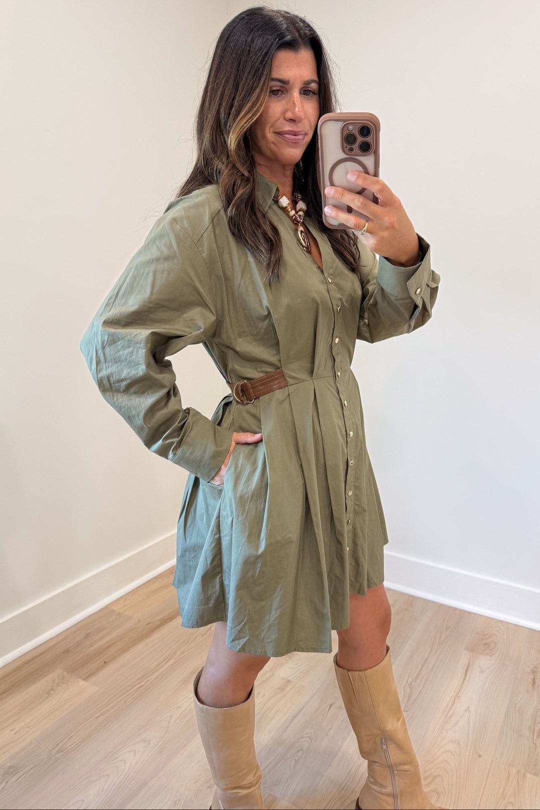 solid army green belted cinch waist long sleeve button front short dress with side pockets