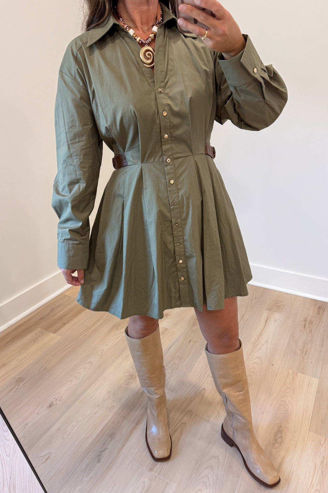 solid army green belted cinch waist long sleeve button front collared neck short dress