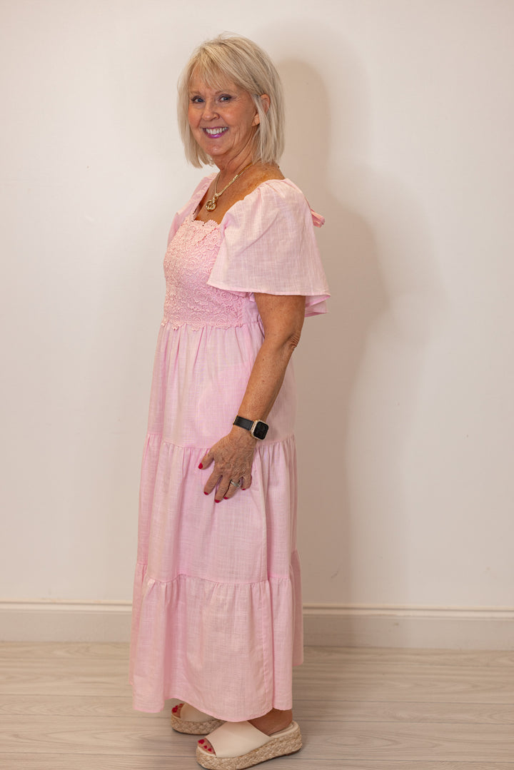 pale pink embroidered floral tiered midi dress