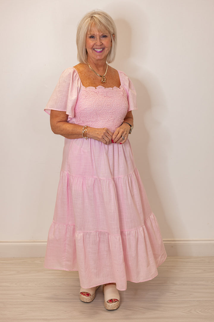 pale pink embroidered floral tiered midi dress