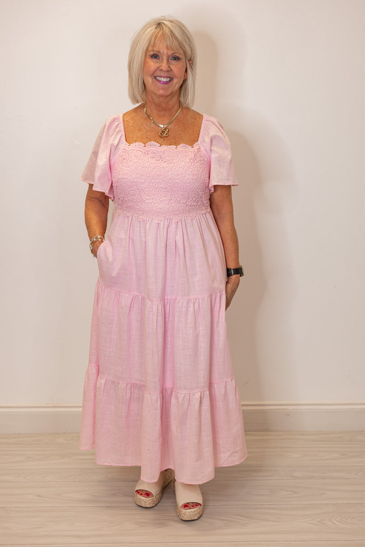 pale pink embroidered floral tiered midi dress