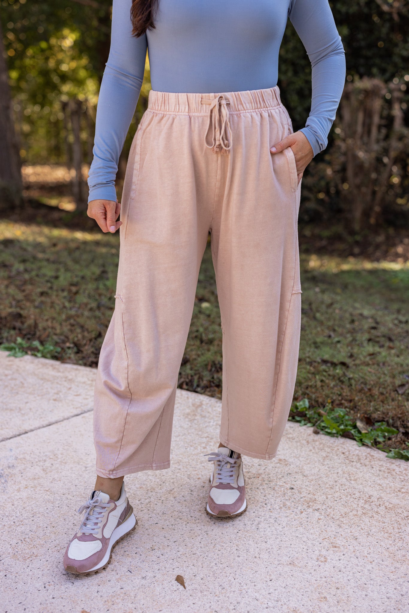 Washed Mauve Barrel Leg Terry Knit Pants | Purple Door | Commerce