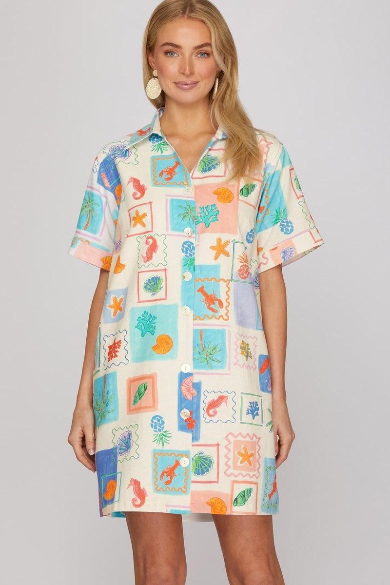 beach vacation square printed shift dress