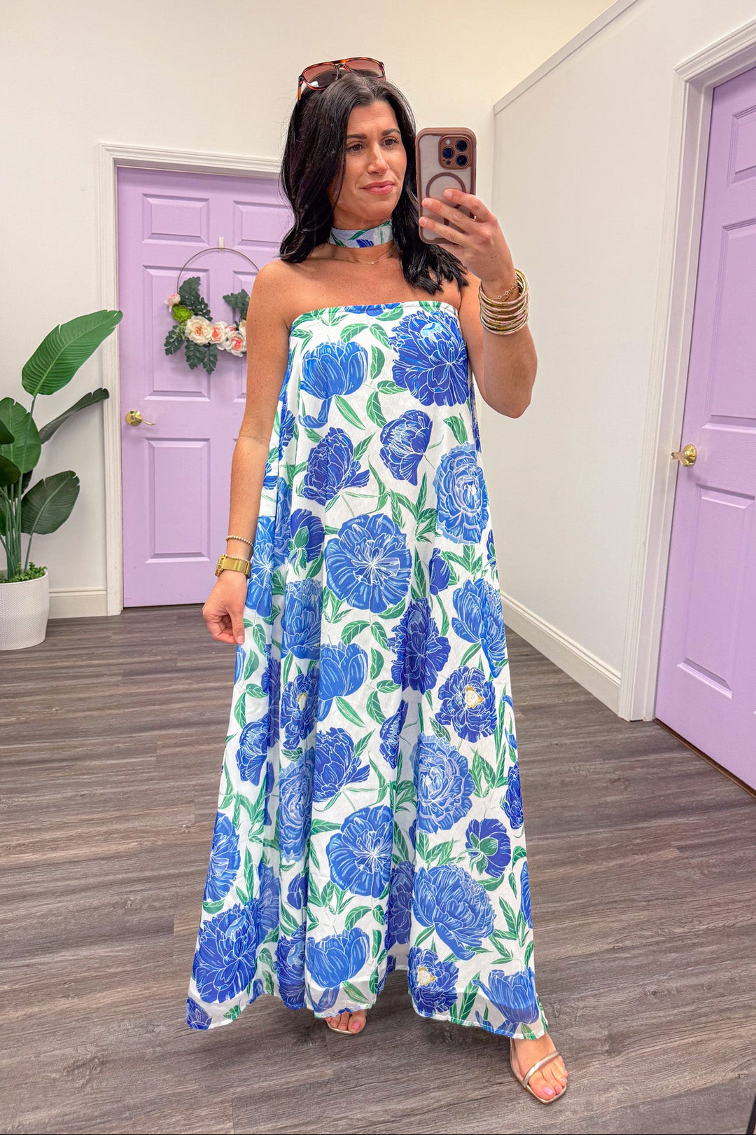 blue green large floral print flowy strapless maxi dress