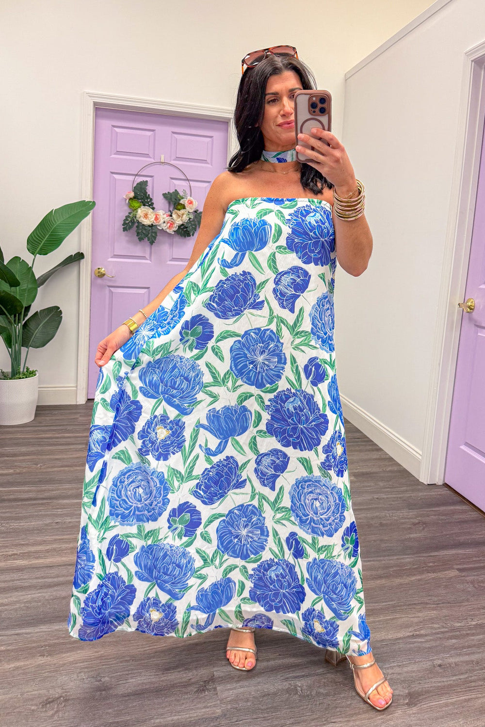 blue green large floral flowy strapless maxi dress