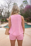 pink knit shorts set for summer