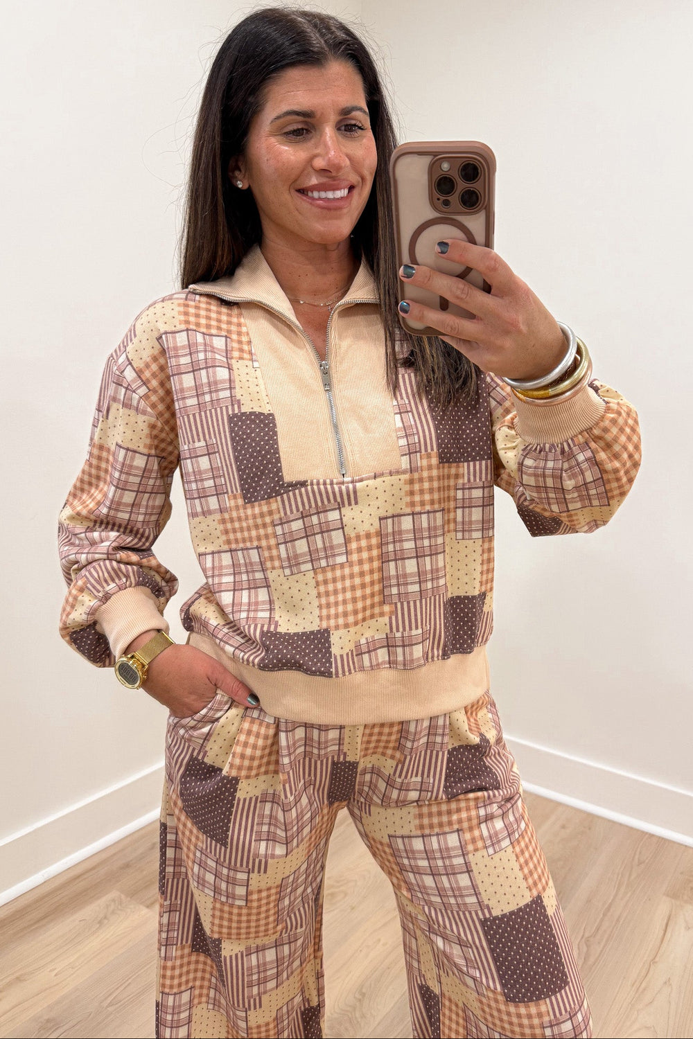 beige brown and multicolored patchwork print zip front bodice top and pants french terry knit matching set