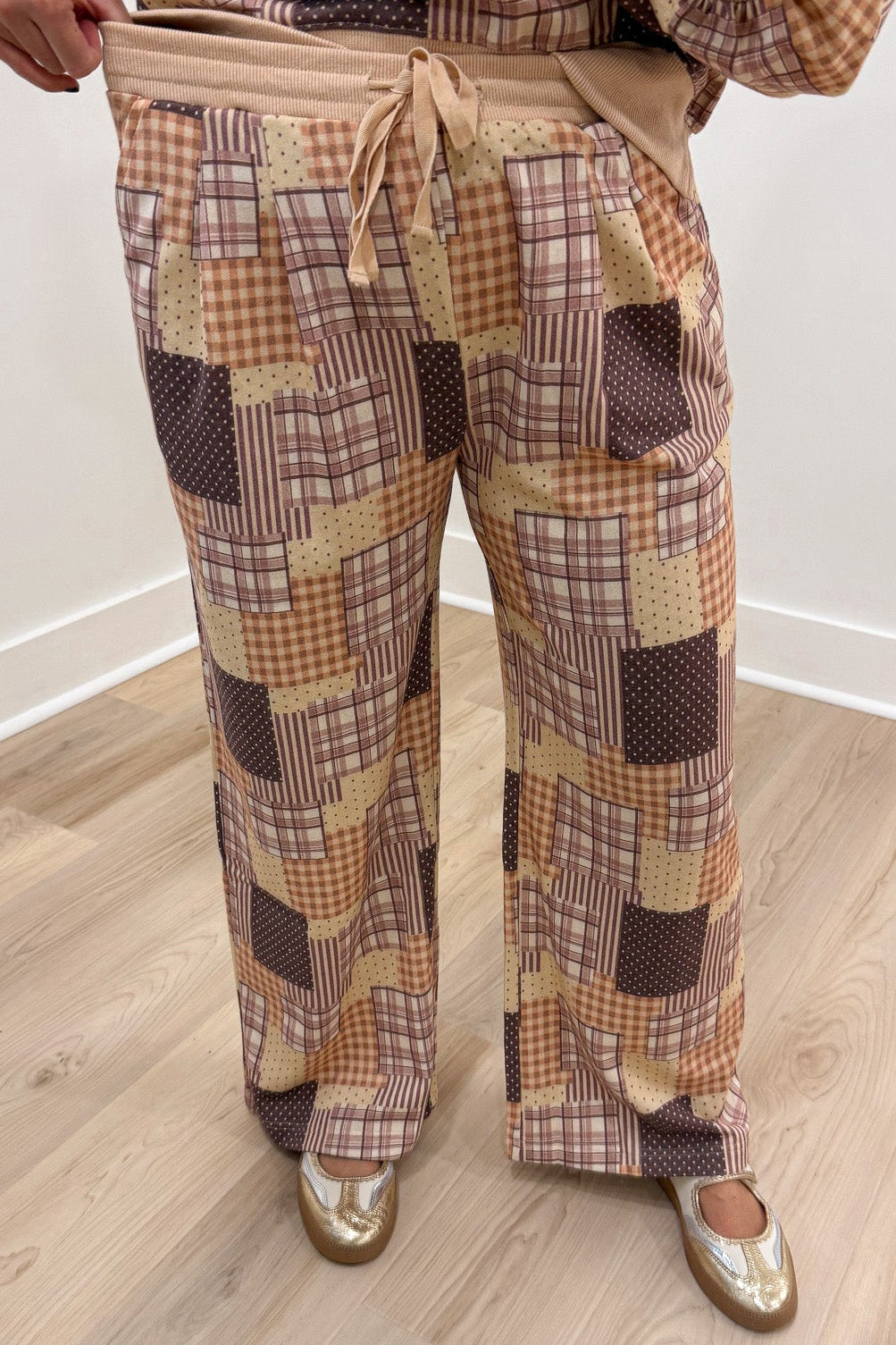 beige brown and multicolored patchwork print top and elastic waist pants french terry knit matching set