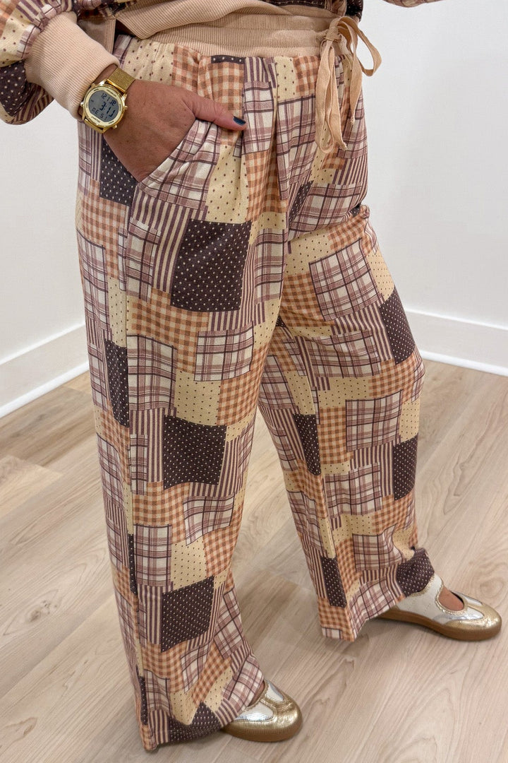 beige brown and multicolored patchwork print top and front pocket pants french terry knit matching set