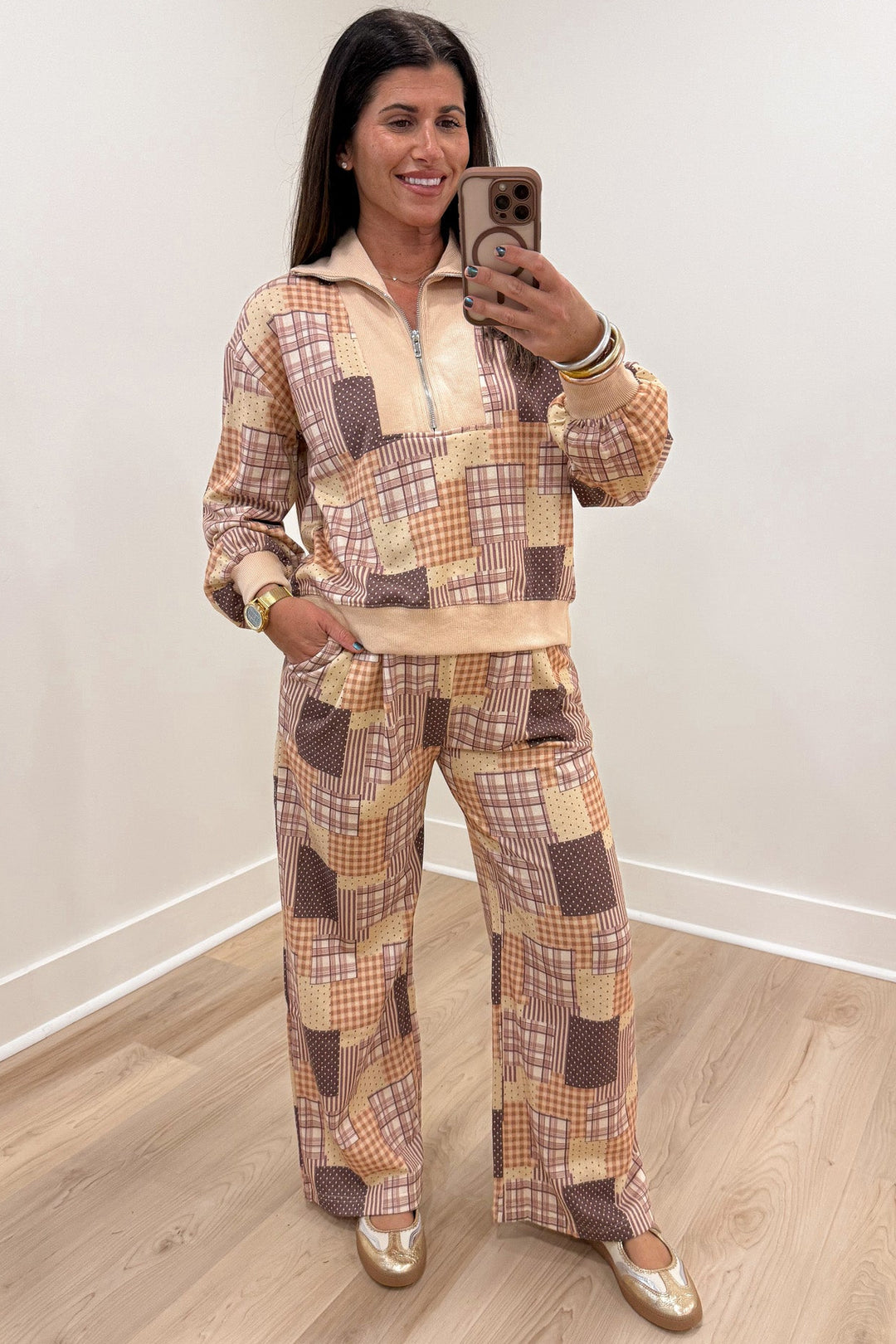 beige brown and multicolored patchwork print top and pants french terry knit matching set