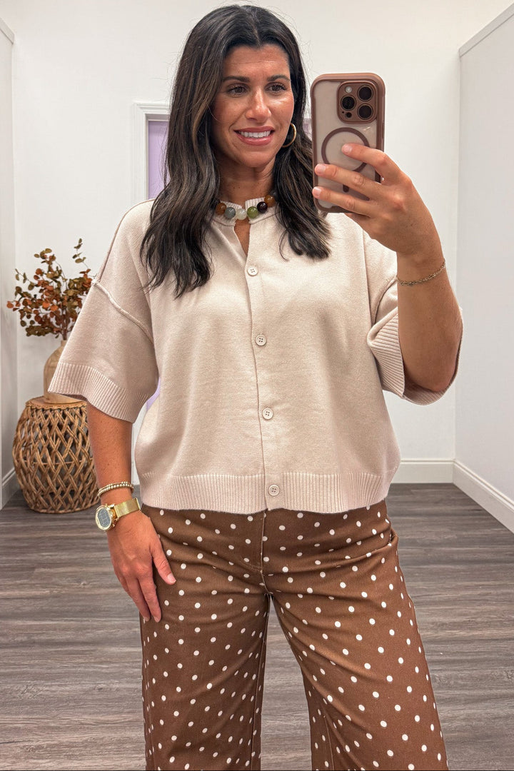 solid beige half-length sleeve button front semi-cropped knit cardigan top