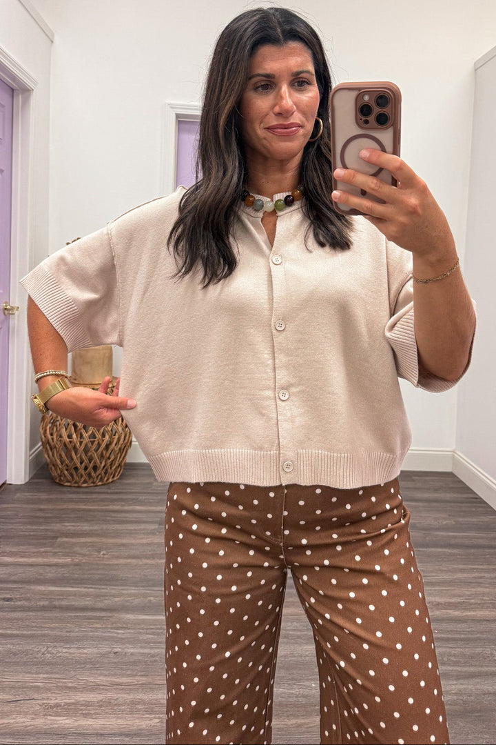 solid beige half-length sleeve button front relaxed silhouette semi-cropped knit cardigan top