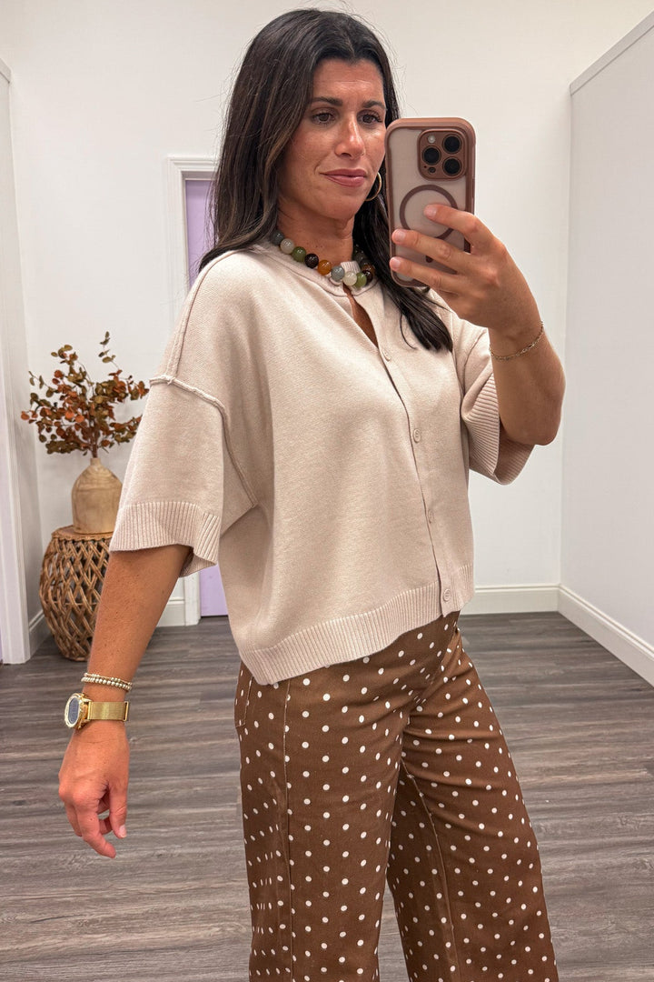 solid beige drop shoulder half-length sleeve button front semi-cropped knit cardigan top