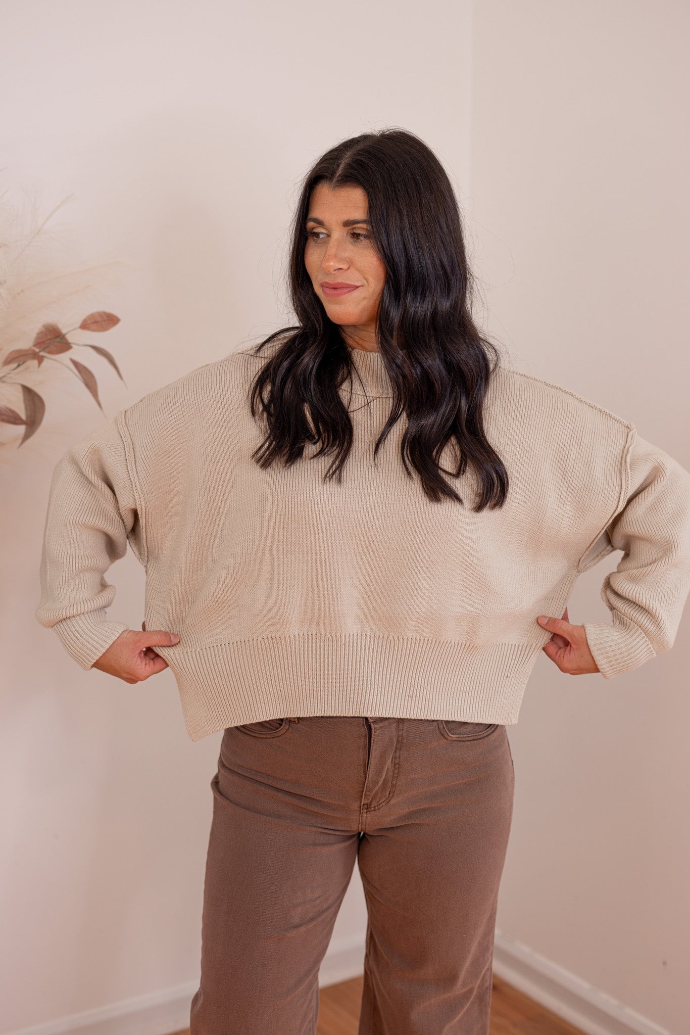 Oatmeal Mock Neck Cropped Boxy Sweater | Purple Door | Commerce GA