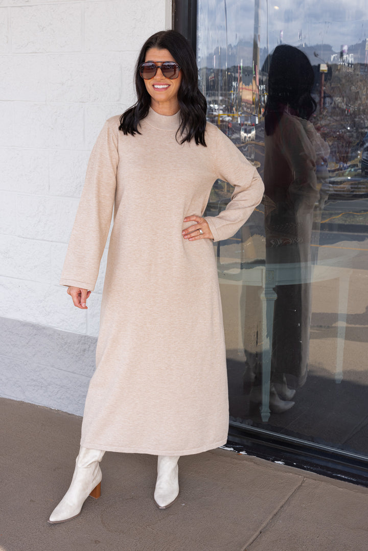 Women's sand beige knit long sleeve midi sweater dress by Entro