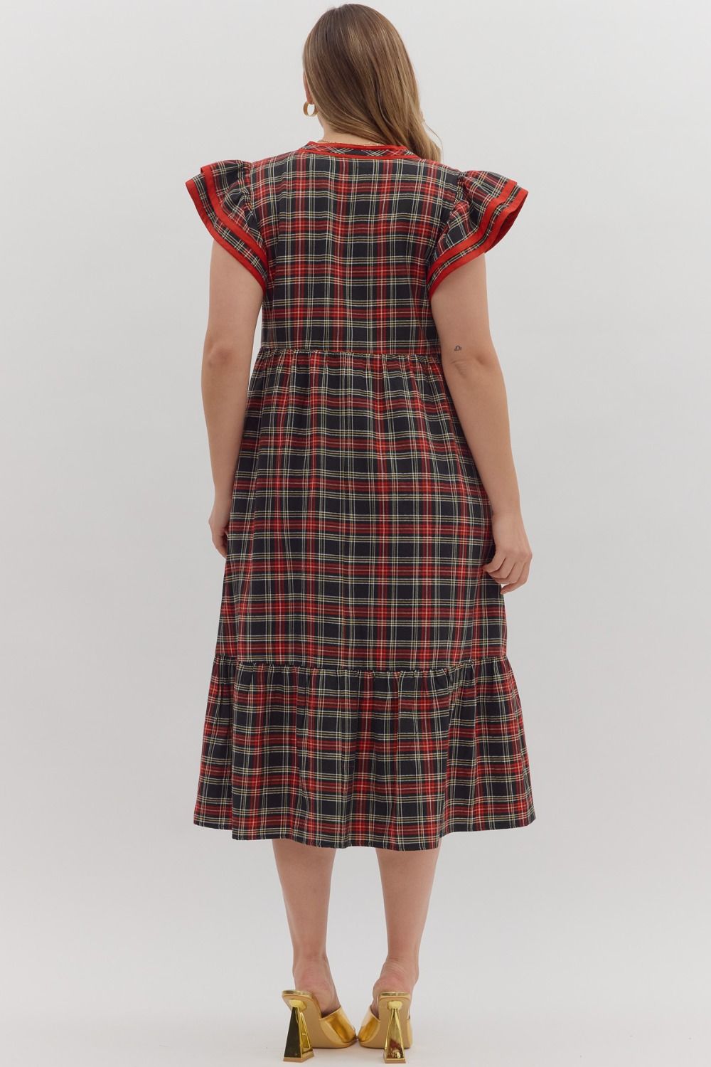 Women's black and red plaid midi dress with red trim by Entro in plus showing back view