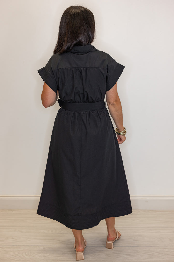 dressy black belted waist midi dress