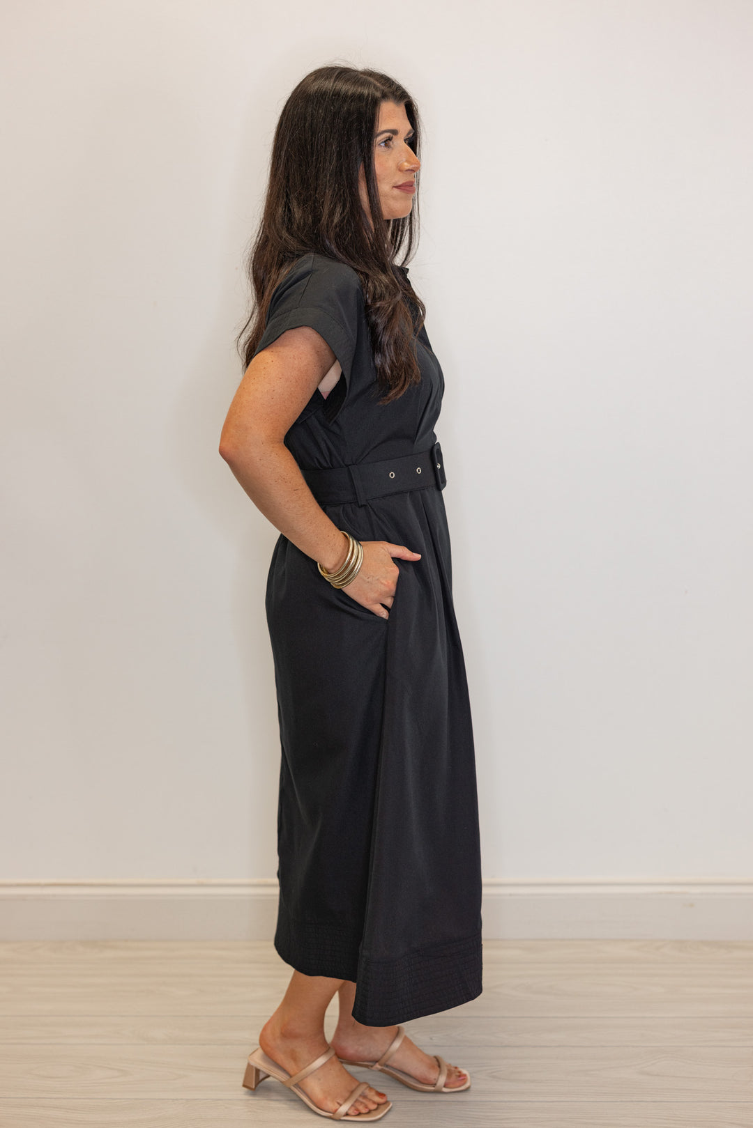 dressy black belted waist midi dress