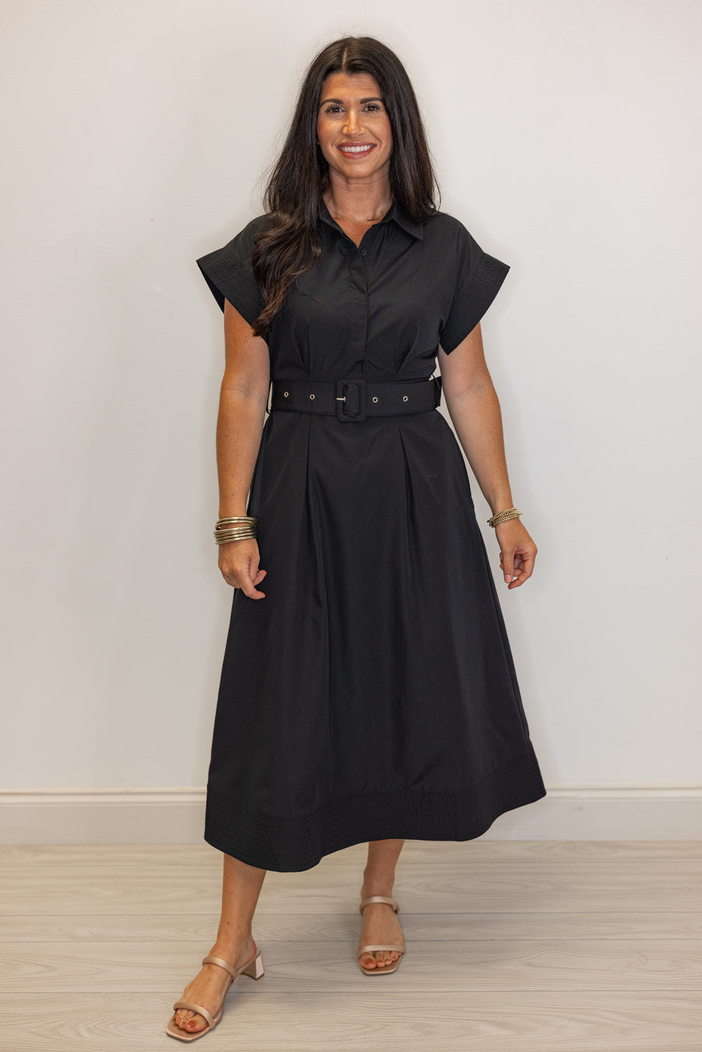 black dressy midi dress Black A-Line Belted Midi Dress
