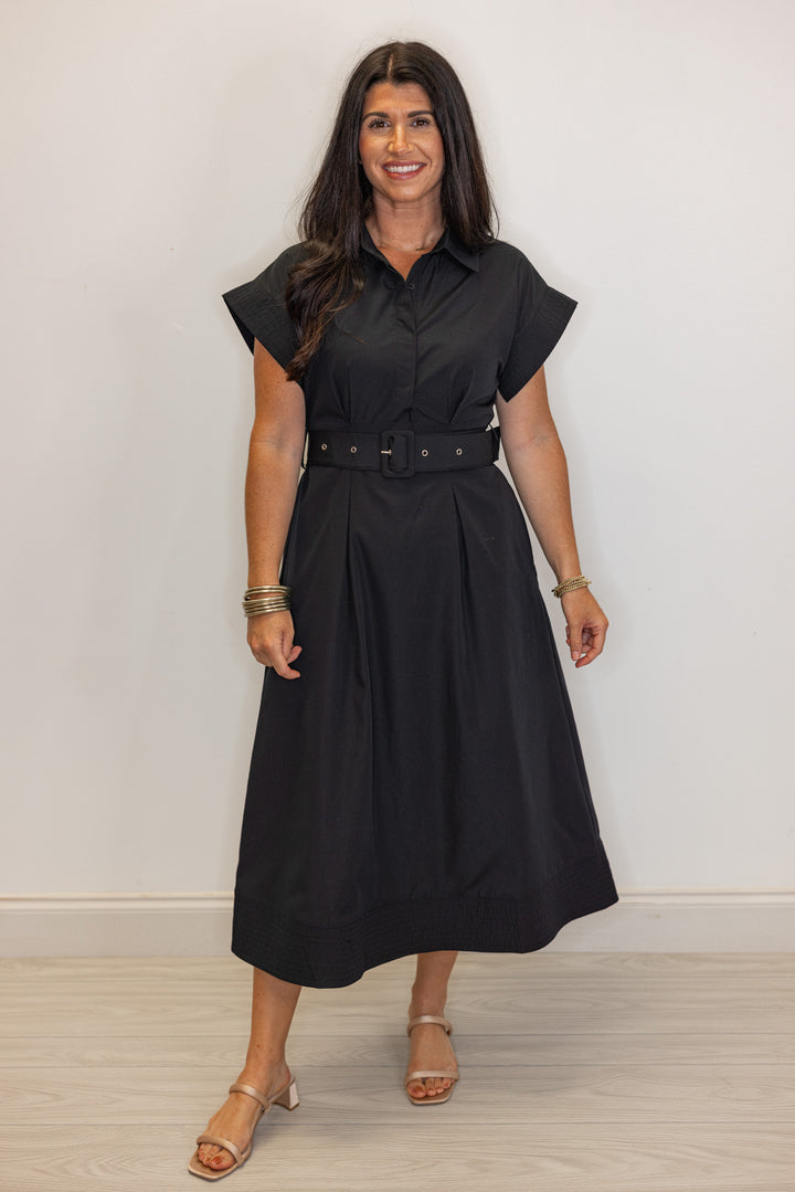 dressy black belted waist midi dress