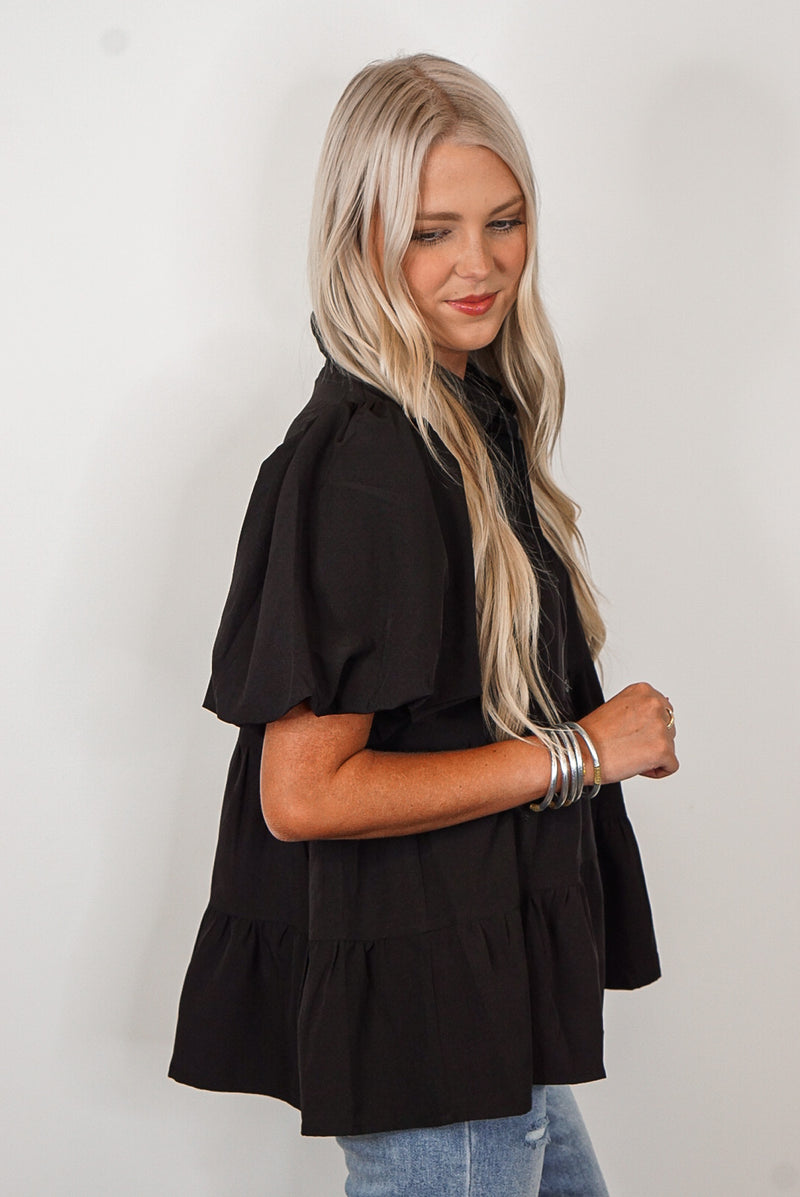 button up black tiered babydoll top