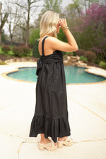 black bow back linen midi dress