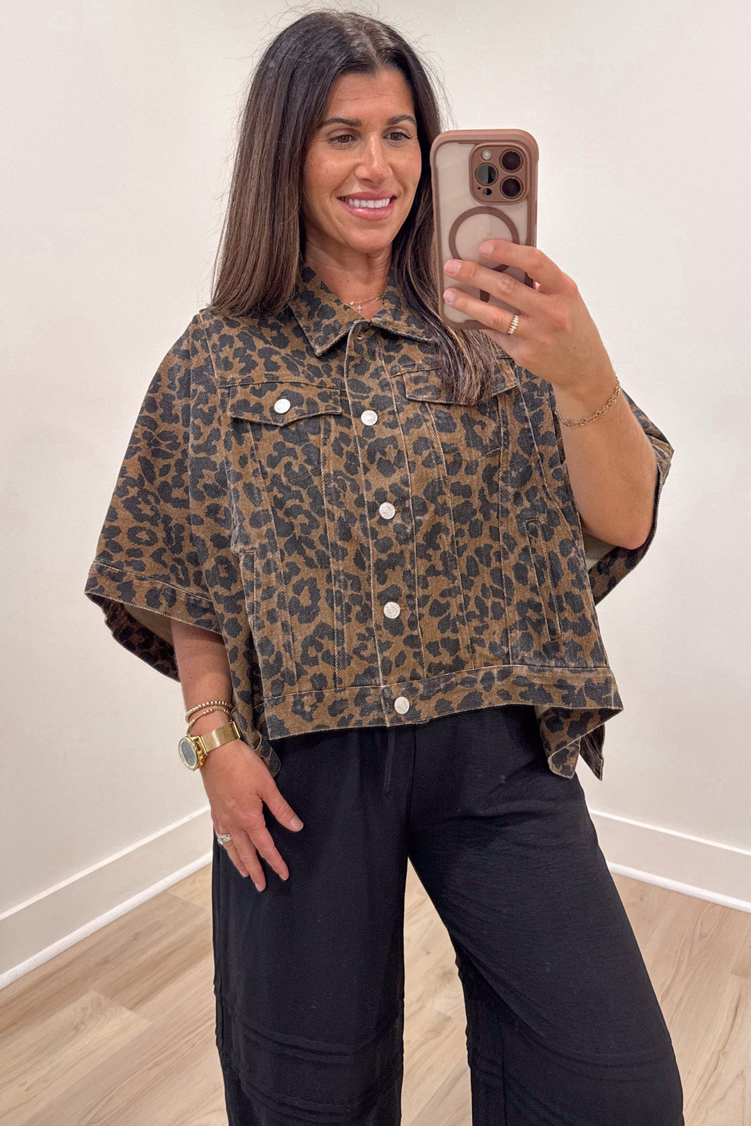 brown and black leopard print snap button front denim poncho style jacket top