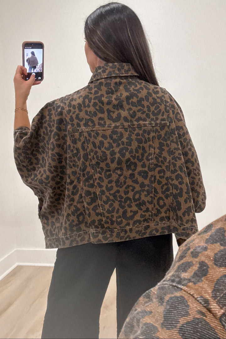 brown and black leopard print snap button front denim poncho style jacket top with collared neckline