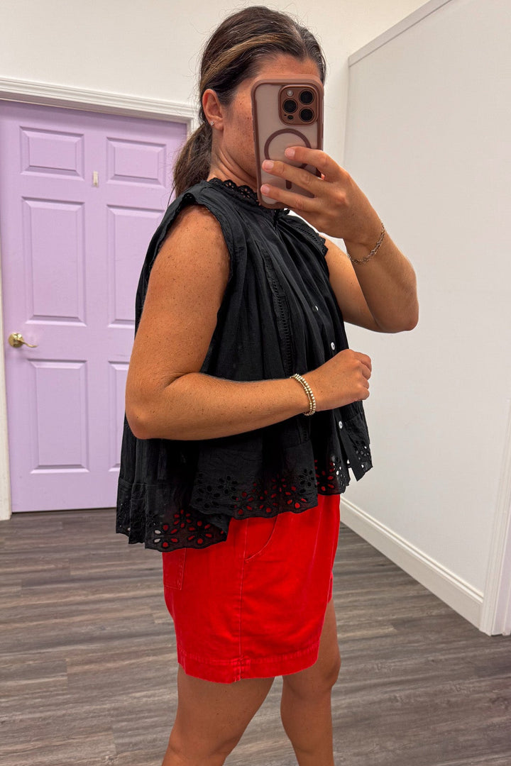solid black embroidered floral lace details sleeveless button front semi-cropped top