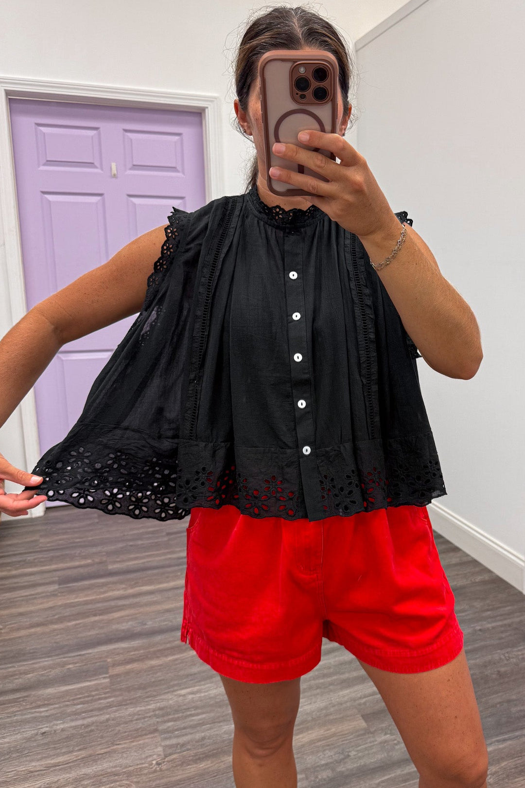 solid black embroidered floral lace details sleeveless button front relaxed silhouette top