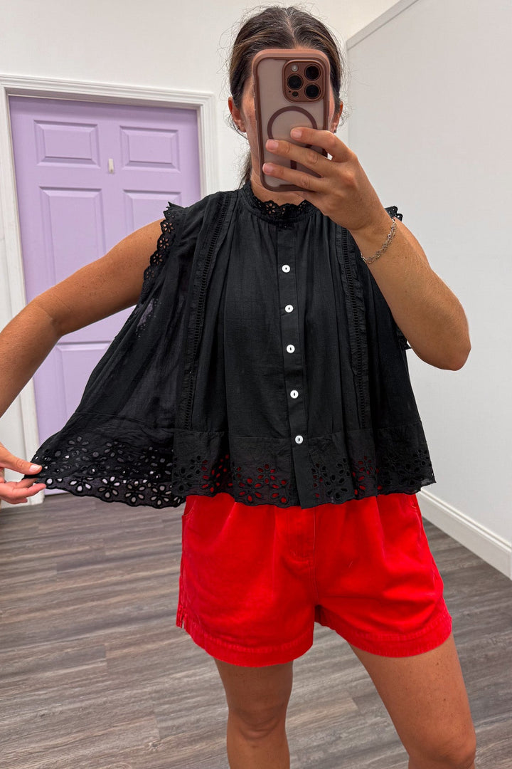 solid black embroidered floral lace details sleeveless button front relaxed silhouette top