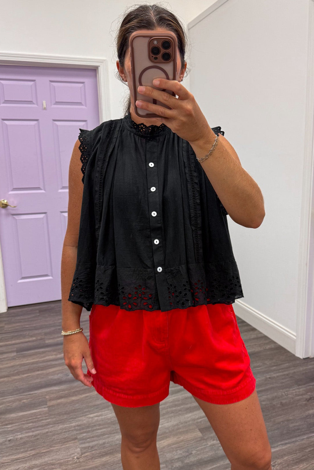 solid black embroidered floral lace details sleeveless button front top