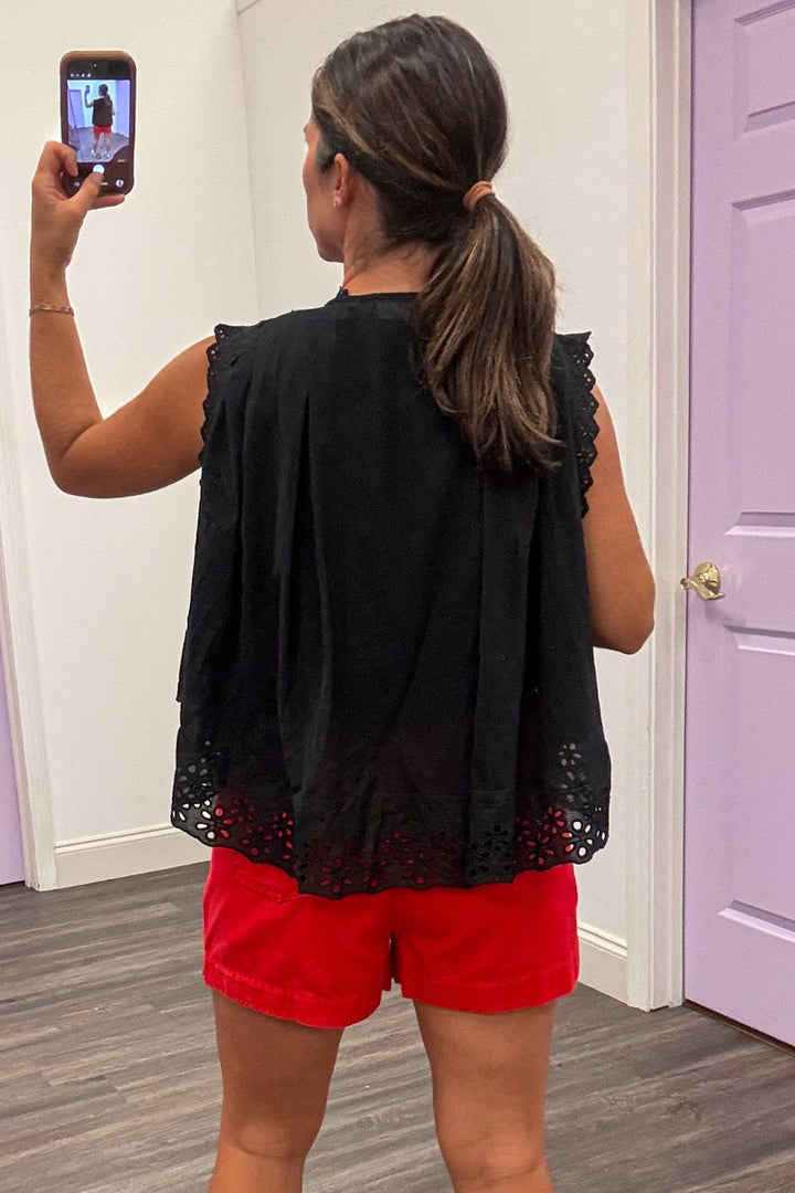 solid black embroidered floral lace details sleeveless crew neckline button front top