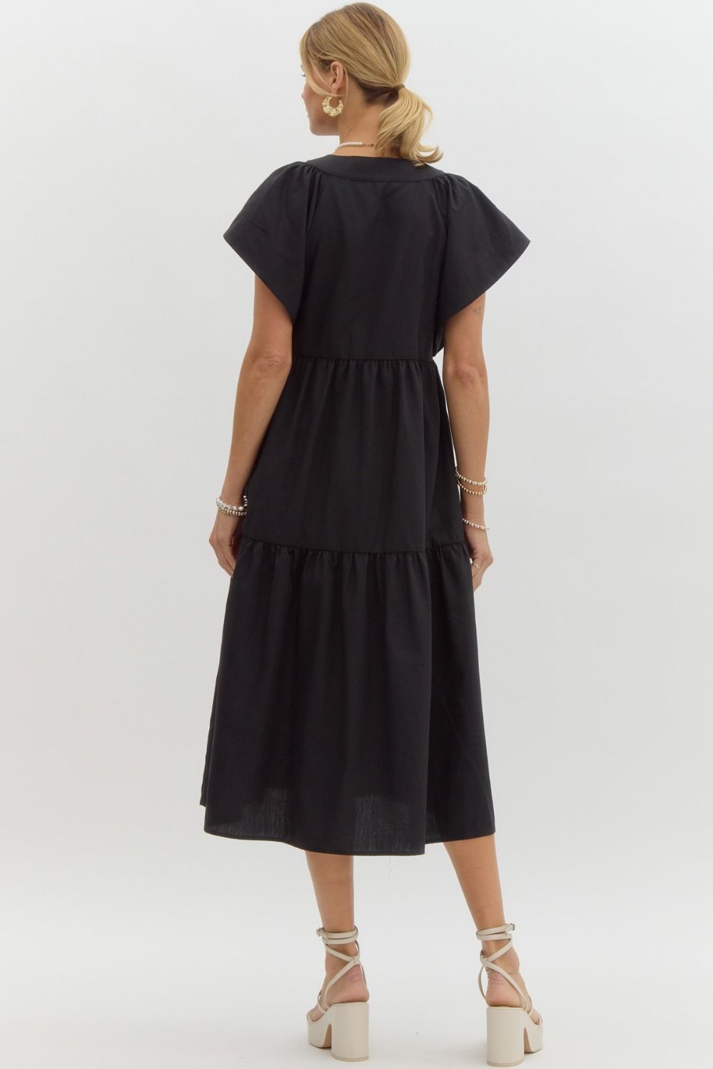 Entro Black button front tiered midi dress with short flutter sleeves