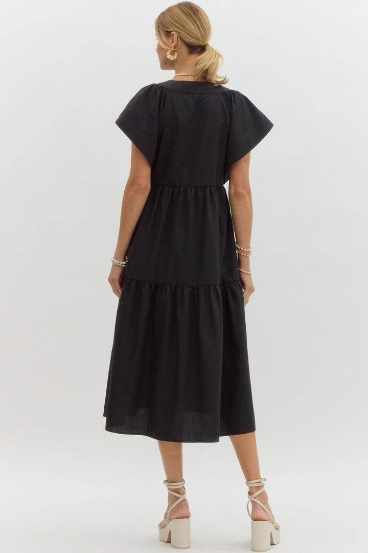 Entro Black button front tiered midi dress with short flutter sleeves