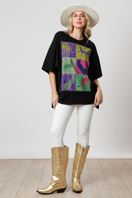 Fantastic Fawn Cheetah print colorblock graphic t shirt in black with rhinestone details
