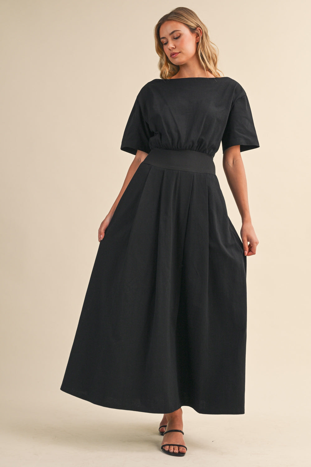 cinch wasit long sleeve midi dress ARRANGE cotton cinched waist with balloon in bold spot while the button Women's Black Cinch Waist Midi