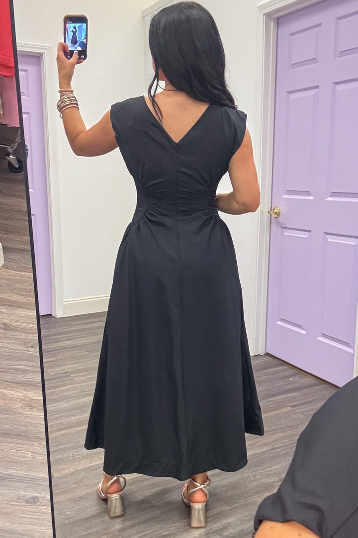 black ruched side panel cinch waist midi dress v back zipper closure