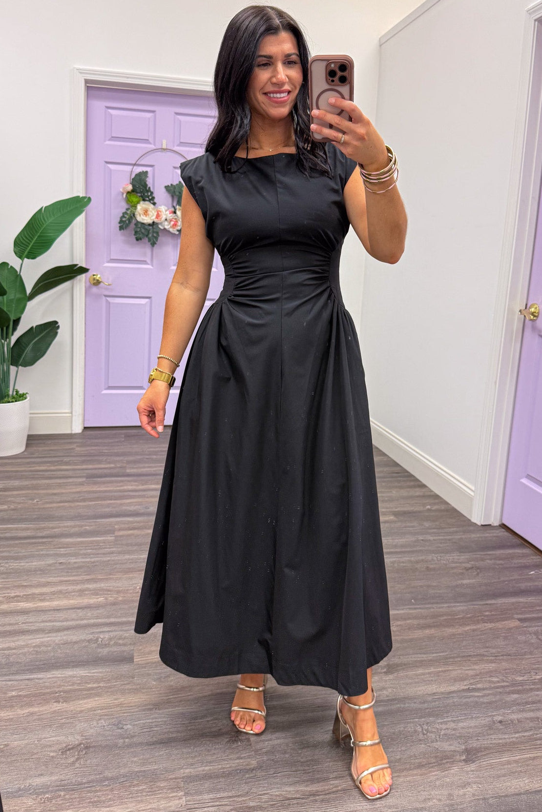 Women's Black Cinch Waist Midi Dress Small