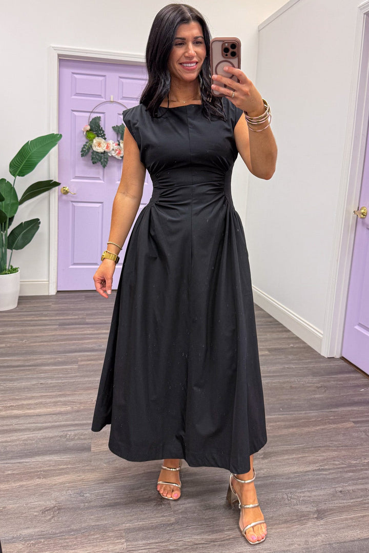 black ruched side panel cinch waist detail sleeveless midi dress